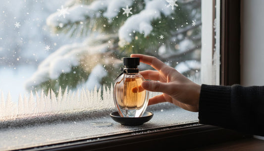 Elegant perfume bottle on snowy windowsill