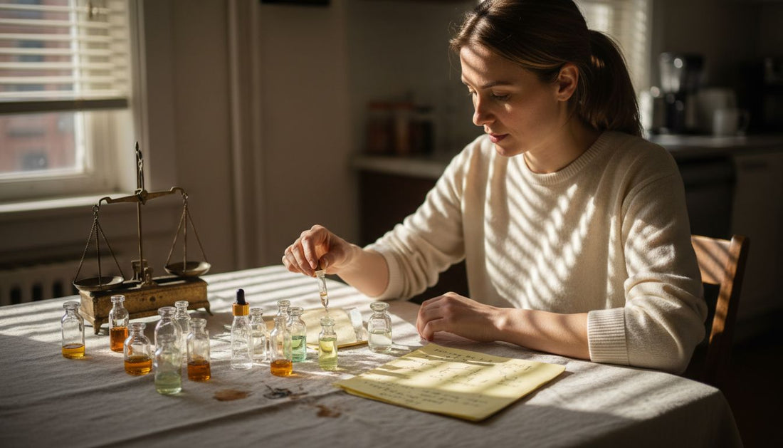 Woman mixing perfume at kitchen table