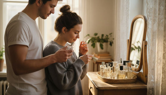 Young couple choosing unisex perfumes at vanity