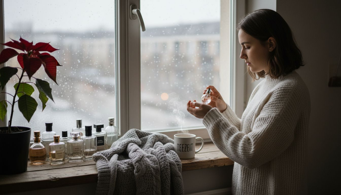 Eine Frau probiert verschiedene Winterdüfte aus und blickt dabei verträumt aus dem Fenster, hinter dem leise der Schnee fällt.