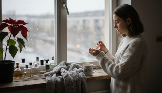 Eine Frau probiert verschiedene Winterdüfte aus und blickt dabei verträumt aus dem Fenster, hinter dem leise der Schnee fällt.