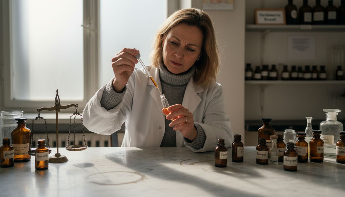 Ein Parfümeur tüftelt an neuen Duftkompositionen, während sich auf seinem vollgestellten Arbeitstisch Fläschchen, Pipetten und Notizen stapeln.