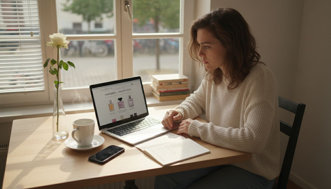 Eine Frau sitzt am Küchentisch und stöbert online nach neuen Parfums.