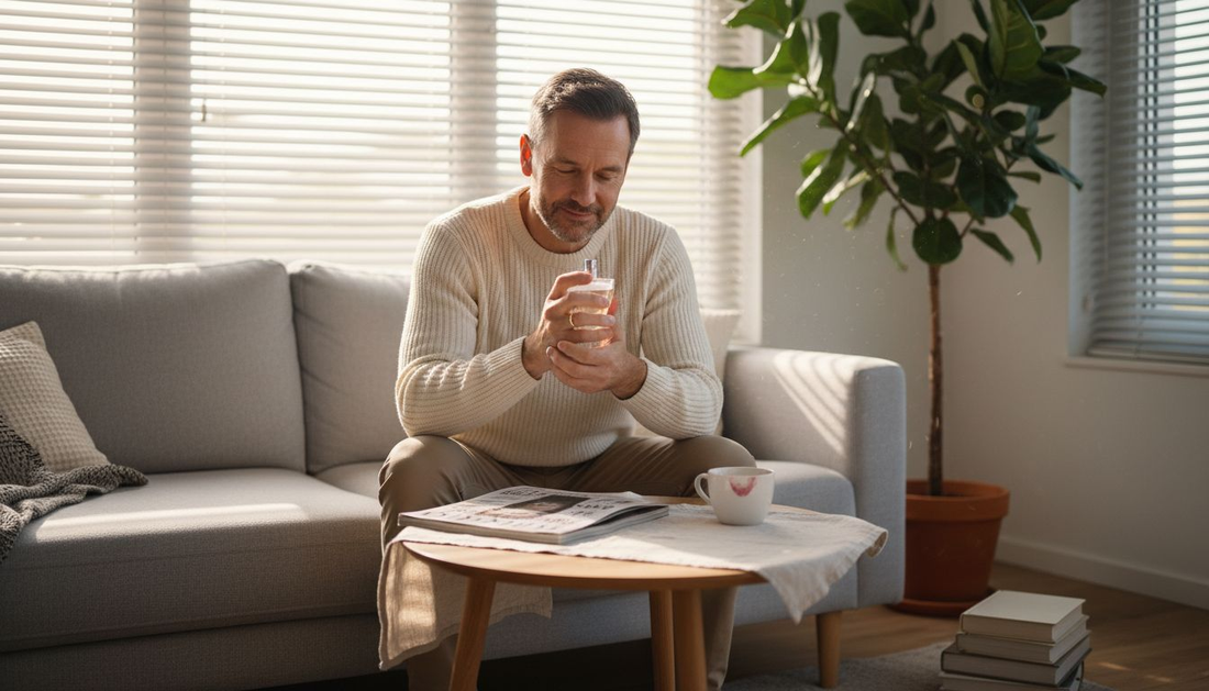 Ein Mann genießt den Duft eines Parfüms, während die Sonne durch das Fenster in sein Wohnzimmer scheint.