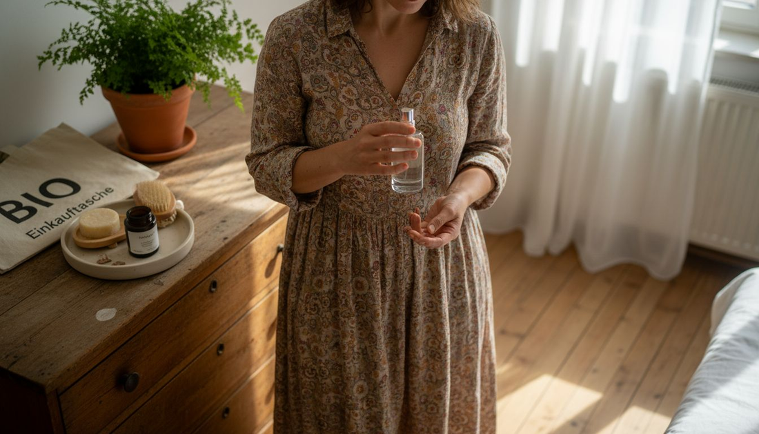 Eine Frau trägt an ihrem Schminktisch ein nachhaltiges Parfum auf.