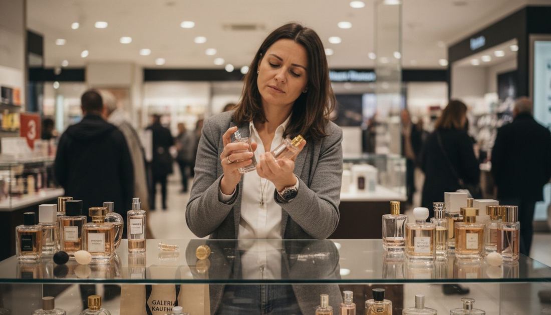 Eine Frau testet verschiedene Parfums am Verkaufstresen und vergleicht ihre Düfte.