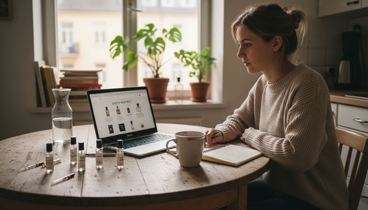 Eine Frau sitzt am Tisch und informiert sich online über verschiedene Parfüms.