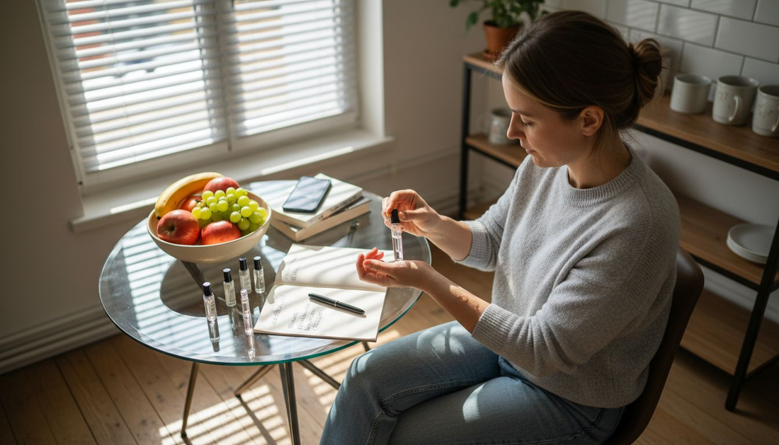 Eine Frau probiert verschiedene Parfüms an einem Tisch aus.