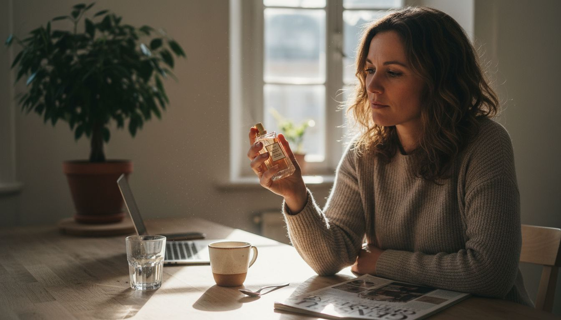 Eine Frau überprüft, ob ihr Parfümflakon echt ist.