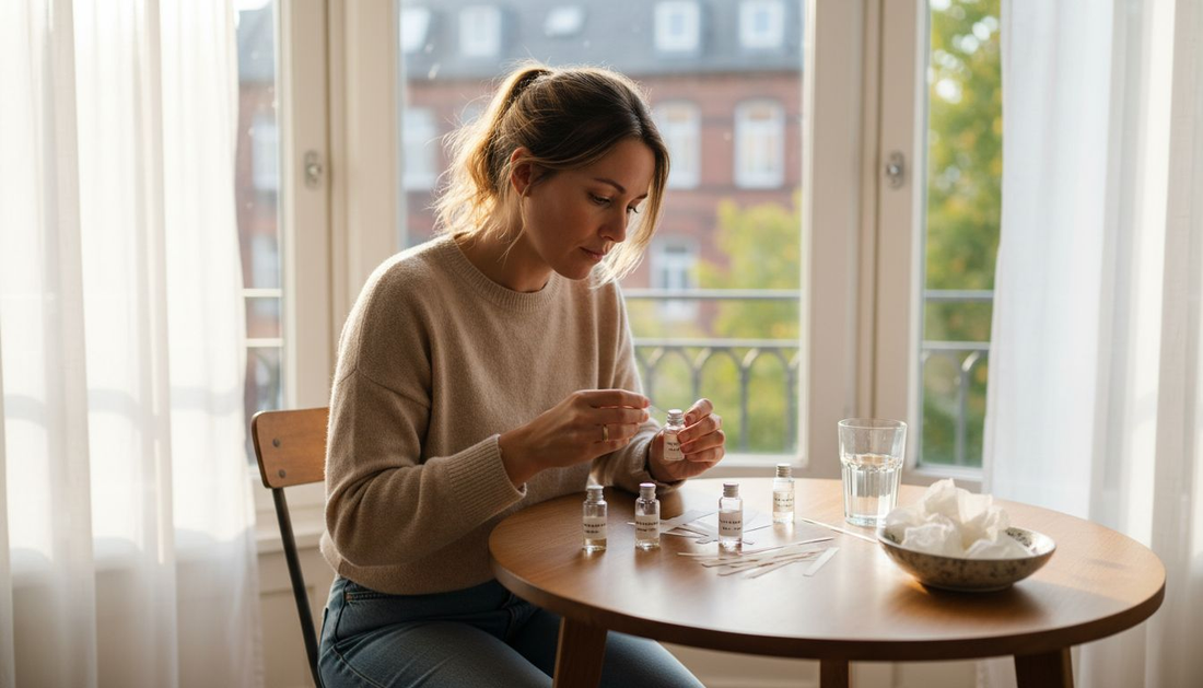 Eine Frau sitzt am Tisch und probiert verschiedene Parfüms aus.