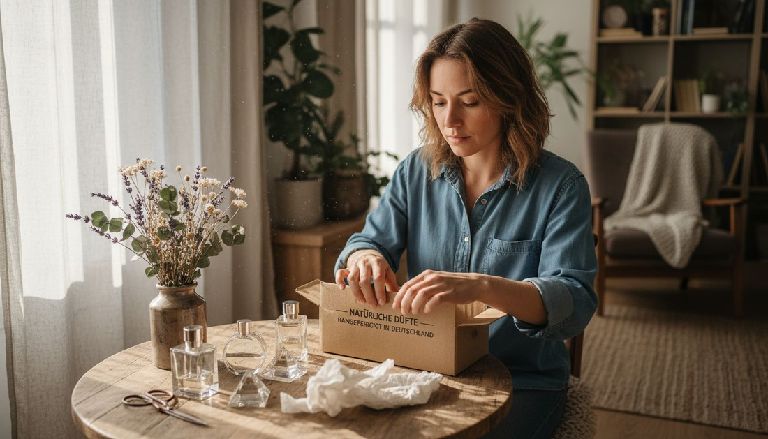 Eine Frau packt zu Hause ein preiswertes Parfüm-Geschenkset aus.