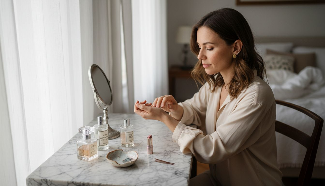 Eine Frau probiert verschiedene Parfums an einem edlen Marmorwaschtisch aus.
