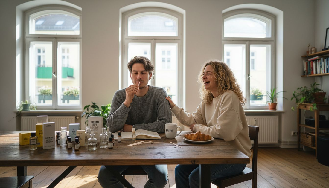 Ein Paar probiert gemeinsam verschiedene Unisex-Düfte ganz entspannt zu Hause aus.