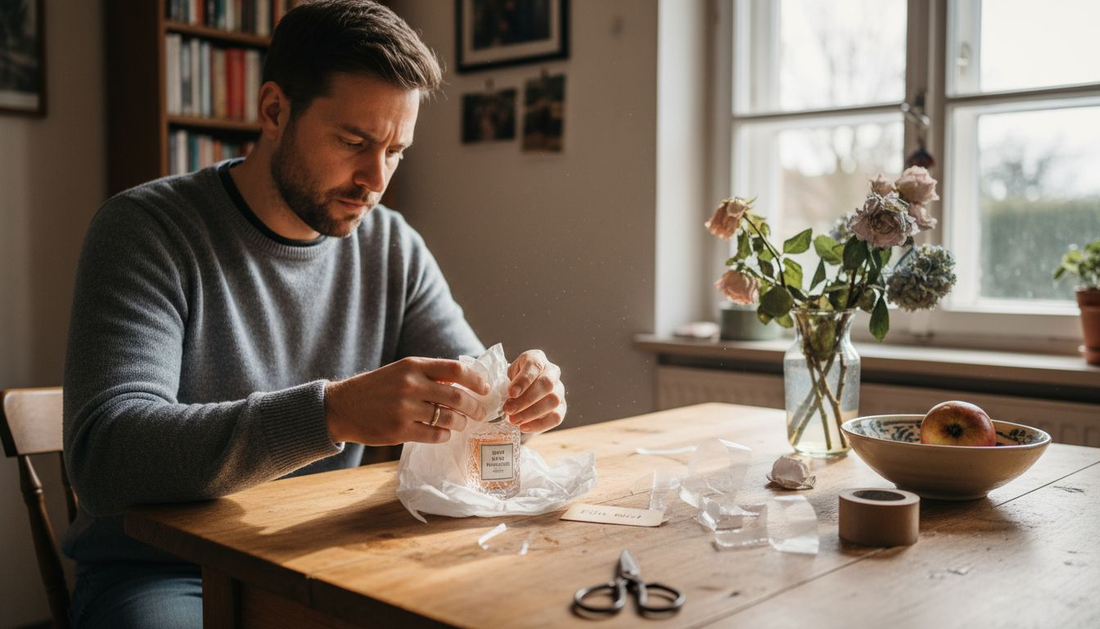 Ein Mann verpackt ein Parfüm als Geschenk und steht dabei in seiner hellen Küche.