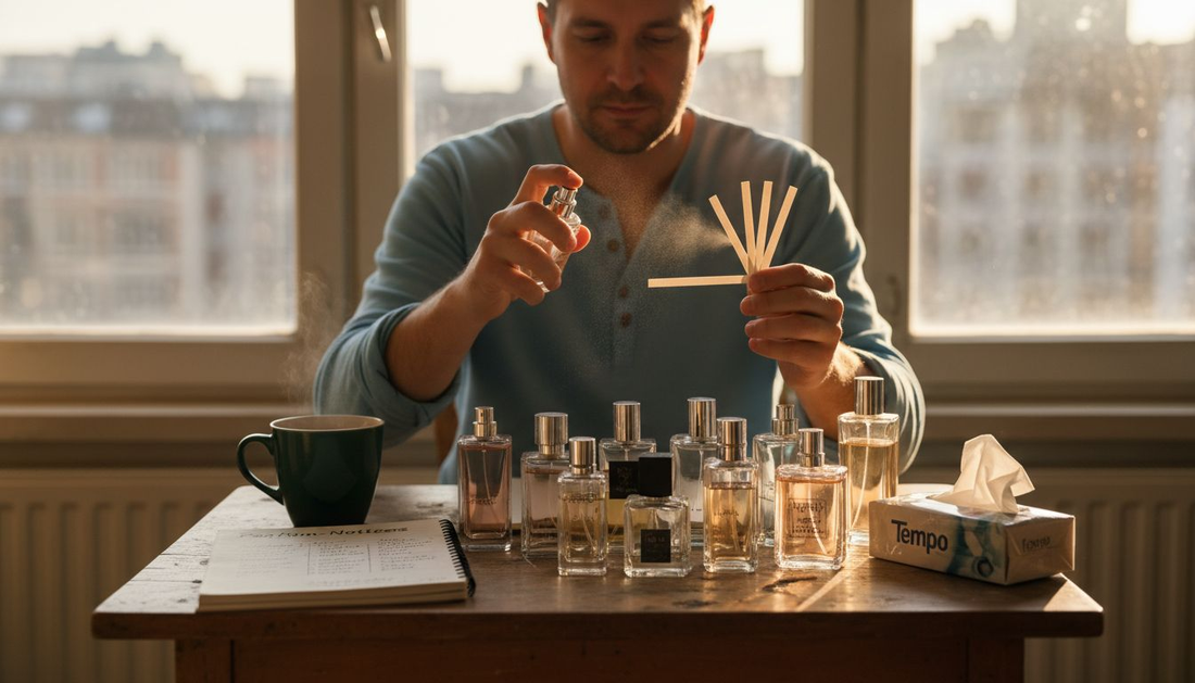 Ein Mann sitzt am Tisch und probiert verschiedene Düfte aus.