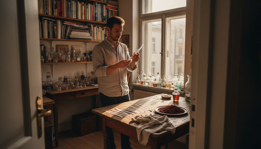 Ein Mann begutachtet aufmerksam einen exklusiven Nischenparfümflakon aus Glas.
