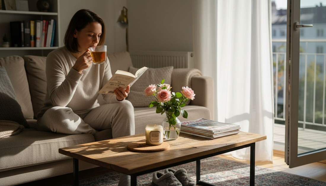 Eine Frau genießt die vertrauten Gerüche ihres Alltags in ihrer Wohnung.
