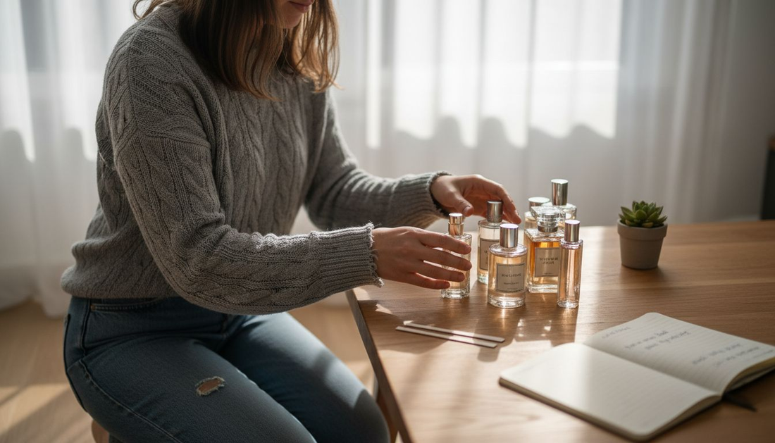 Eine Frau sortiert ihre Parfümflakons im Wohnzimmer und stellt sie dekorativ auf.