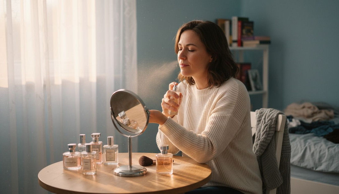 Eine Frau sitzt vor ihrem Schminktisch und prüft aufmerksam einen Duftflakon.