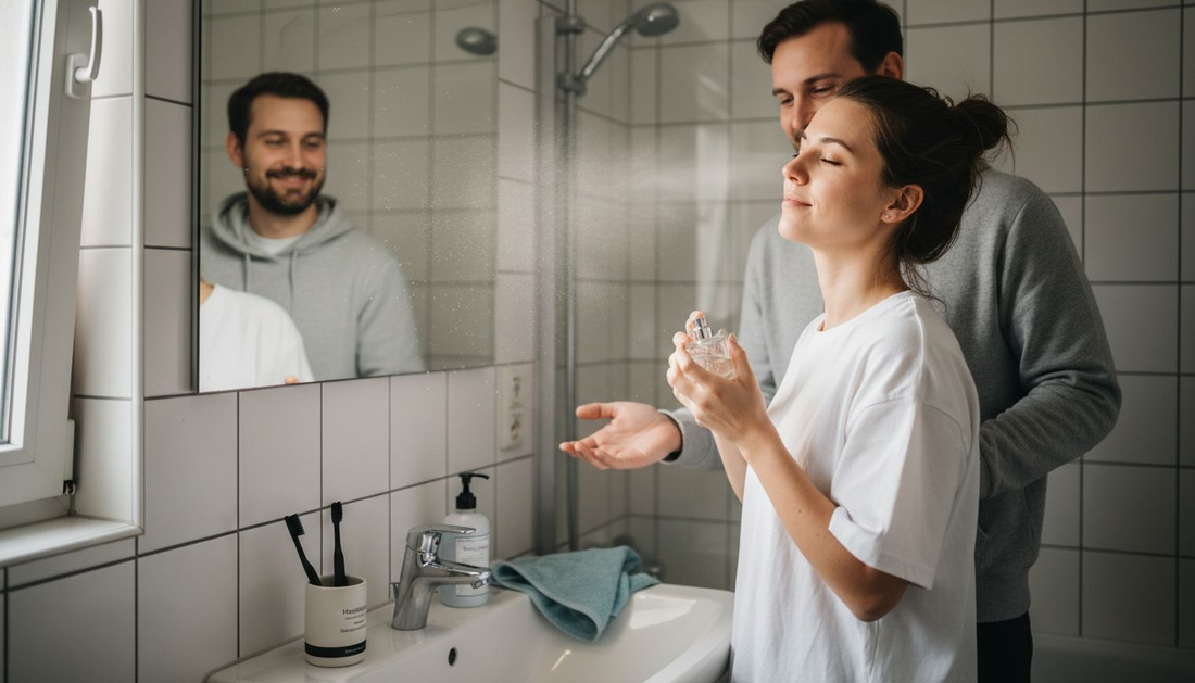 Ein Paar steht gemeinsam im Badezimmer und benutzt das gleiche Parfüm – ein Duft, der sowohl für sie als auch für ihn passt.