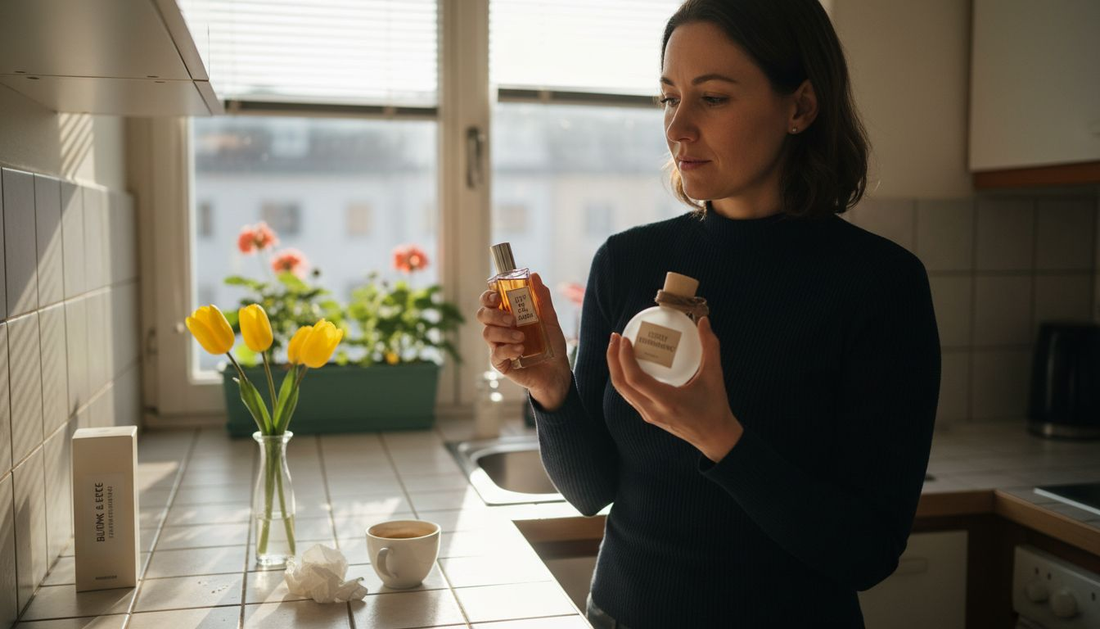 Eine Frau steht in der Küche und überlegt, welches Parfum sie heute tragen möchte. Vor ihr auf der Arbeitsplatte stehen mehrere Flakons, aus denen sie sich ihren Favoriten aussucht.