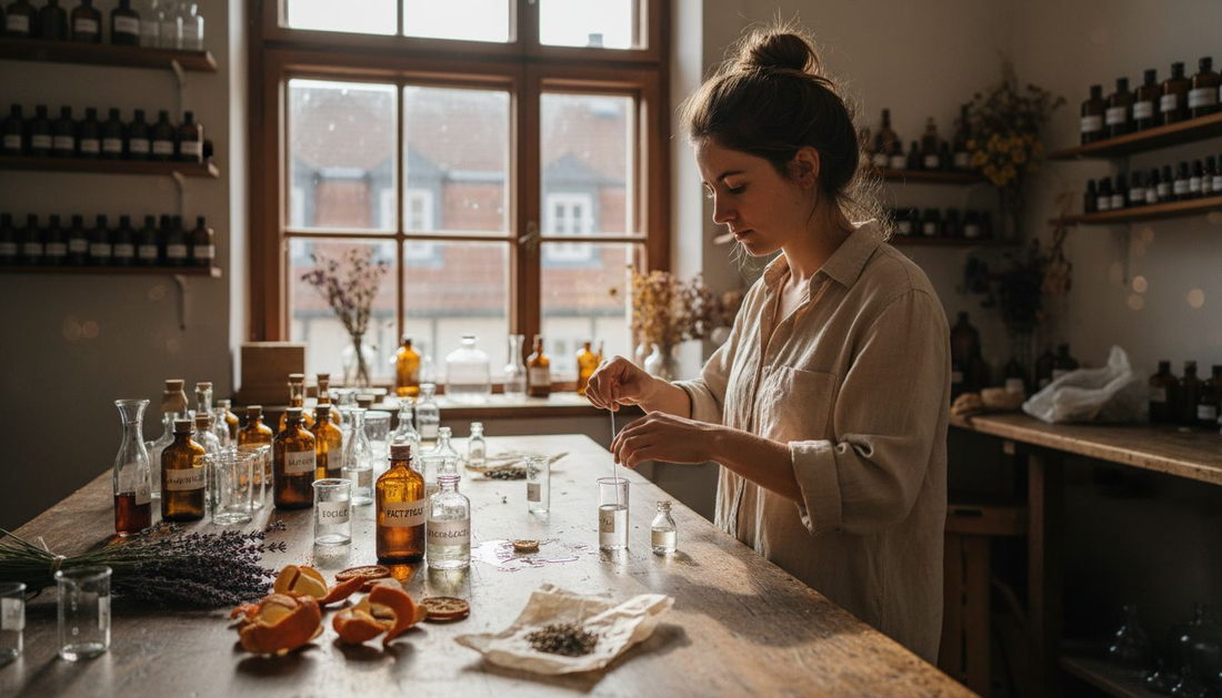 In einem lichtdurchfluteten Atelier entwickelt eine Parfümeurin vegane Duftkreationen.