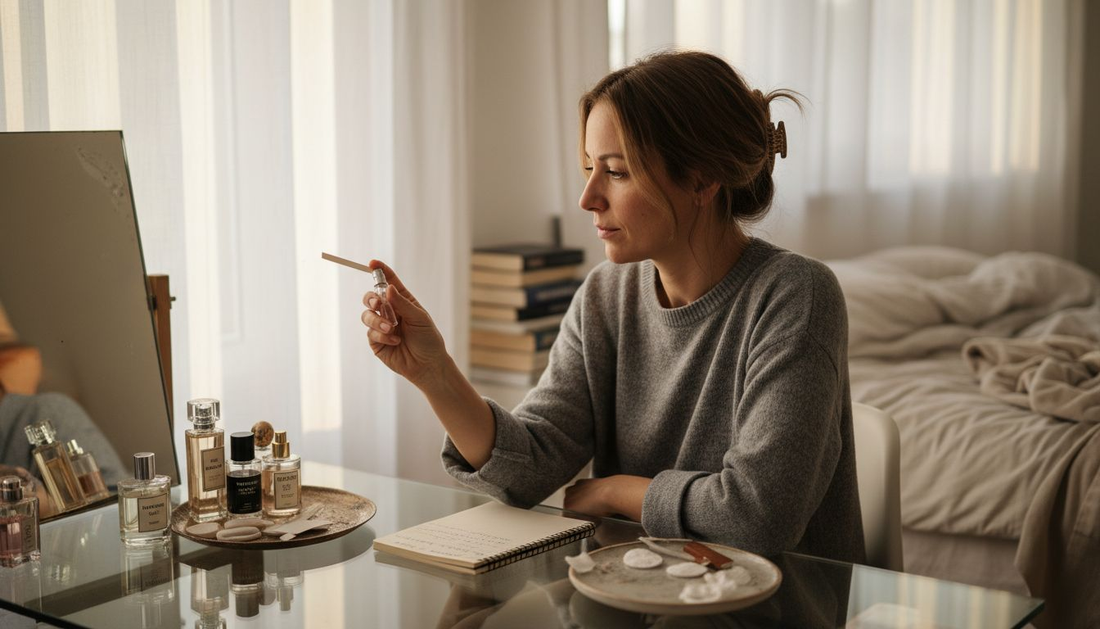 Eine Frau probiert verschiedene Parfüms an ihrem eleganten Schminktisch aus.