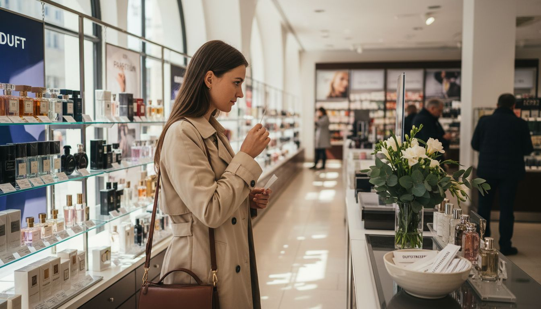 Eine Frau probiert verschiedene Düfte in einem hell erleuchteten Kaufhaus aus.