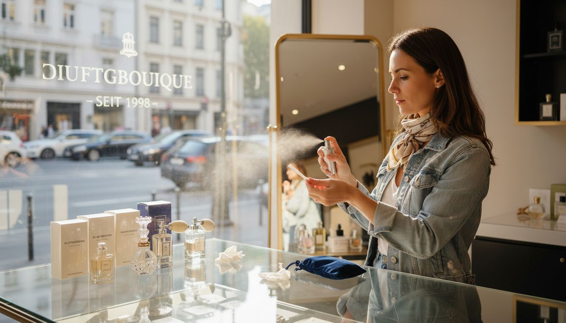 Eine Frau probiert verschiedene Parfums in einer schicken Boutique in der Innenstadt aus.
