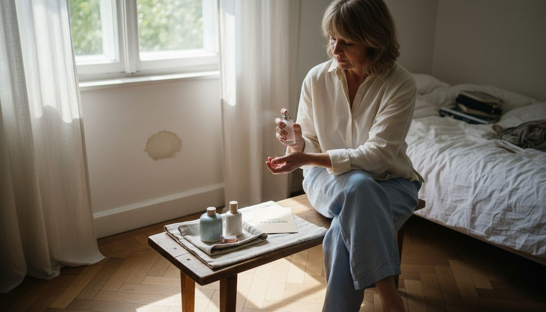 Eine Frau trägt zu Hause ein besonders gut verträgliches Parfum auf.
