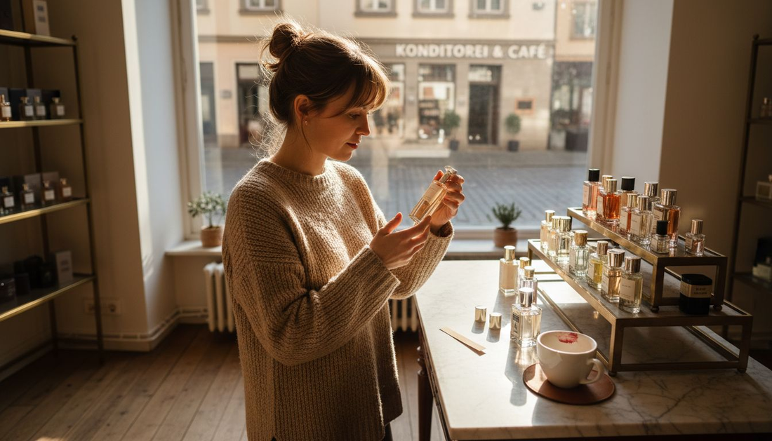 Eine Frau stöbert in einer Parfümerie und testet verschiedene Düfte.