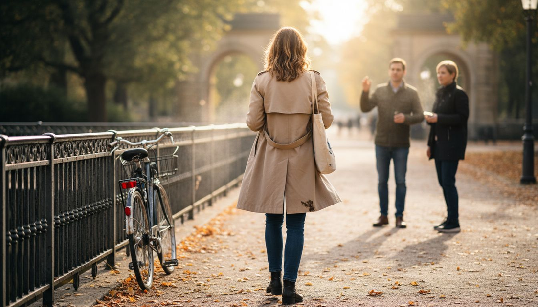 Frau zieht mit ihrem Parfüm eine Spur durch Berliner Park