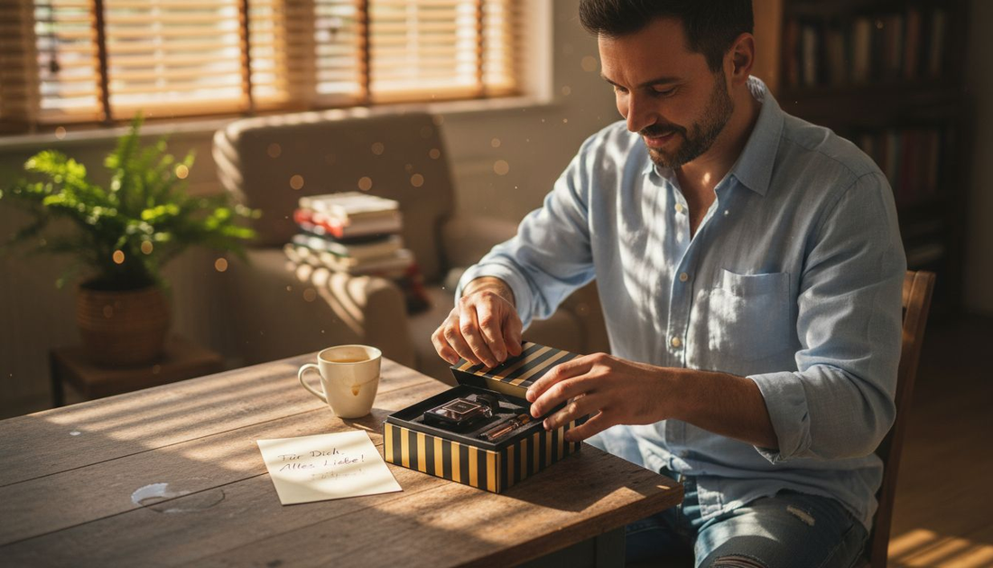 Ein Mann öffnet am sonnendurchfluteten Tisch ein Geschenk und entdeckt darin ein edles Parfüm.