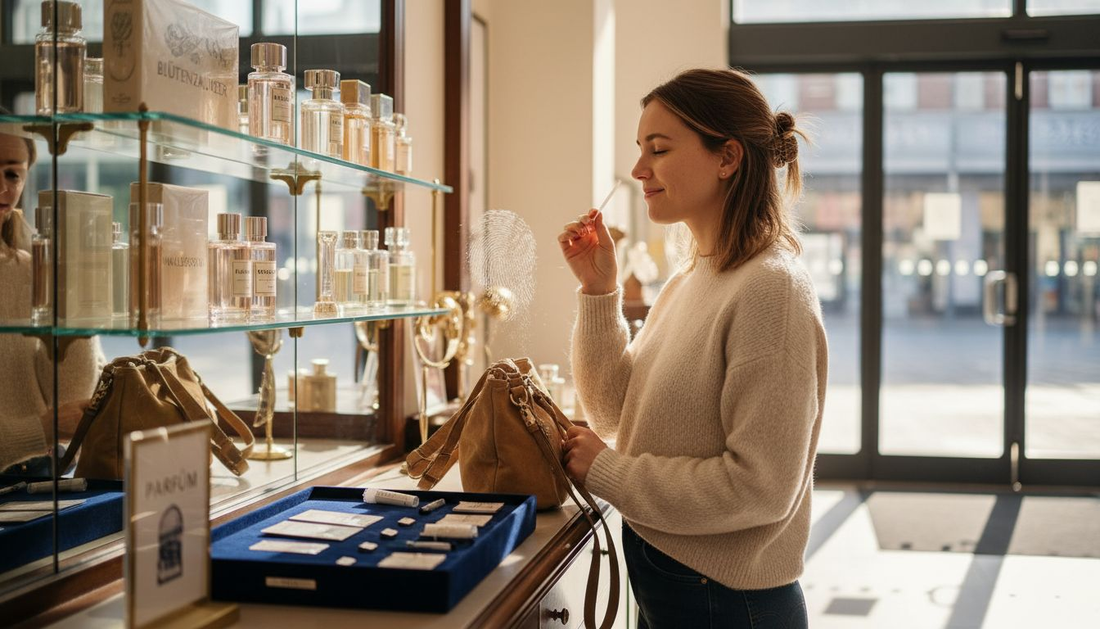 Eine Frau probiert verschiedene Parfüms in der Parfümerie aus.