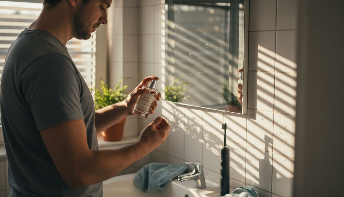 Ein Mann trägt sein Parfum im hellen Tageslicht-Badezimmer auf.
