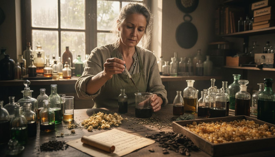 Ein Parfümeur kreiert in seiner Duftwerkstatt neue Kompositionen, indem er verschiedene Öle sorgfältig miteinander vermischt.