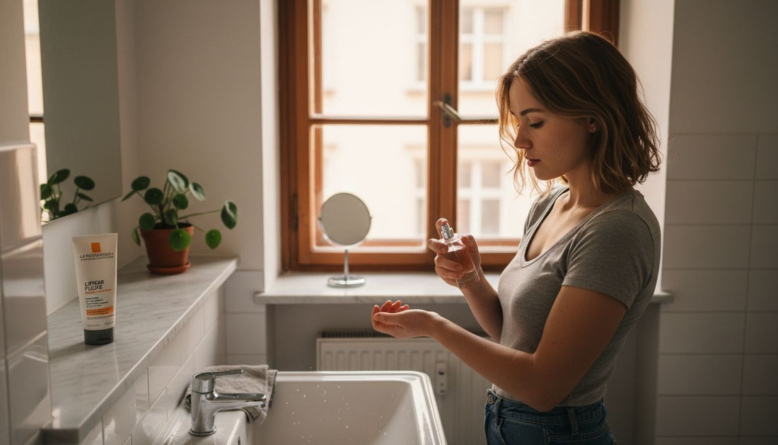 Am Morgen im Bad gönnt sich eine Frau einen Spritzer ihres Lieblingsparfums.