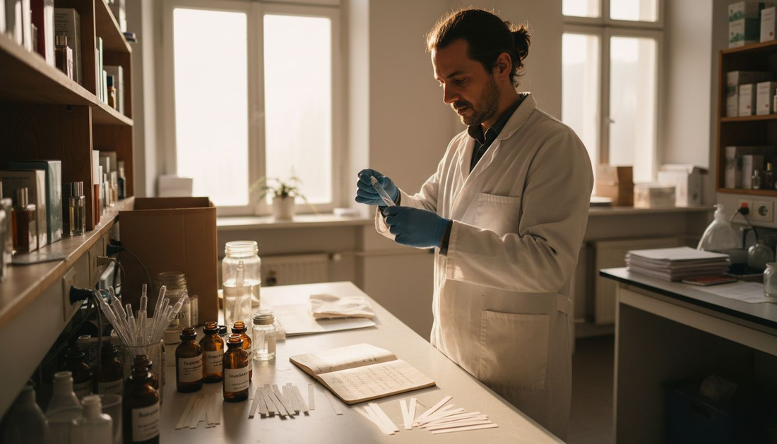 Eine Chemikerin entwickelt ein neues Parfüm an ihrem Labortisch.