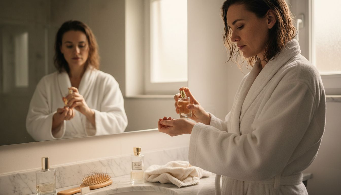 Eine Frau sprüht sich im Badezimmer Parfüm auf das Handgelenk.