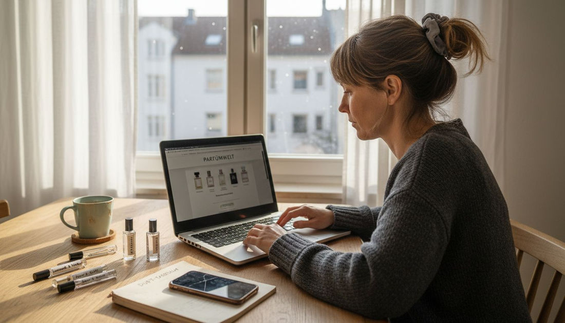 Eine Frau sitzt gemütlich zu Hause und bestellt sich online ein neues Parfum.