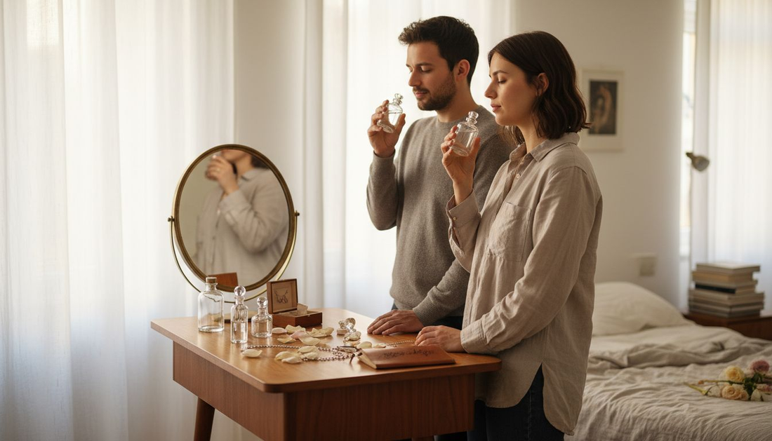 Ein Paar probiert gemeinsam Unisex-Düfte in den eigenen vier Wänden aus.