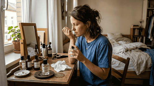 Eine Frau probiert verschiedene Parfums an ihrem Schminktisch aus.