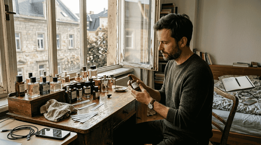 Ein junger Mann steht am Fenster und betrachtet nachdenklich verschiedene Parfumflakons.