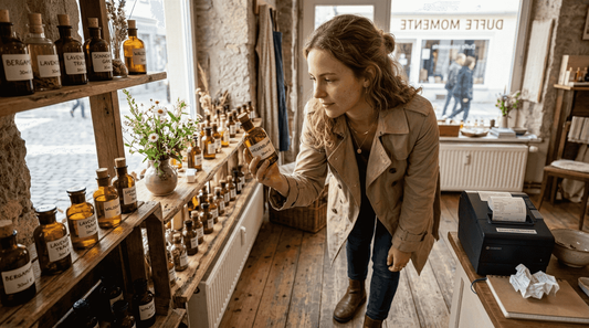 Eine Frau stöbert neugierig durch die Auswahl exklusiver Düfte in einer Parfümerie.