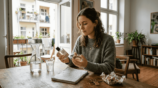 Eine Frau sitzt am Küchentisch und begutachtet verschiedene Parfümflakons.