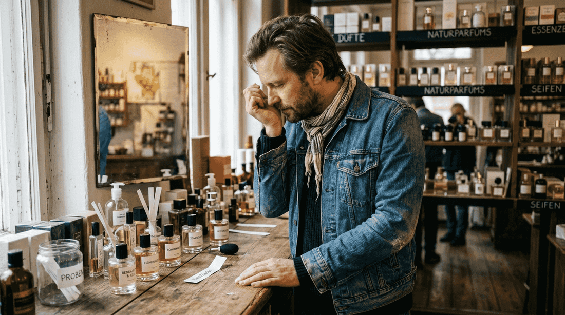 Ein Mann testet verschiedene Düfte in einer Parfümerie.