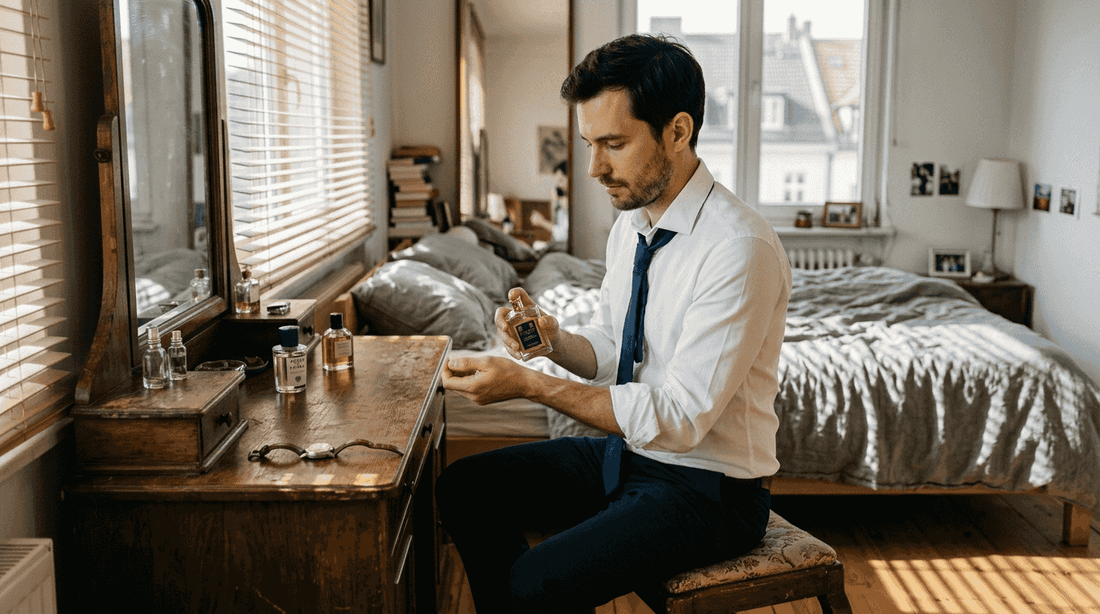Ein Mann sprüht sich am alten Schminktisch ein wenig Eau de Toilette auf.