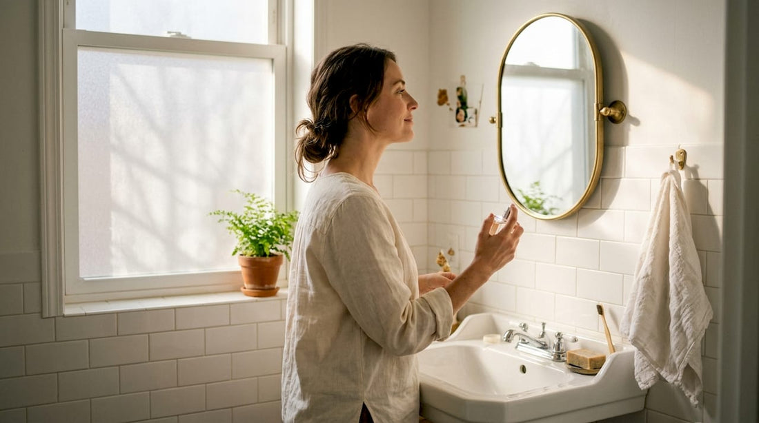 Am Morgen sprüht eine Frau ihr Lieblingsparfüm im Badezimmer auf.