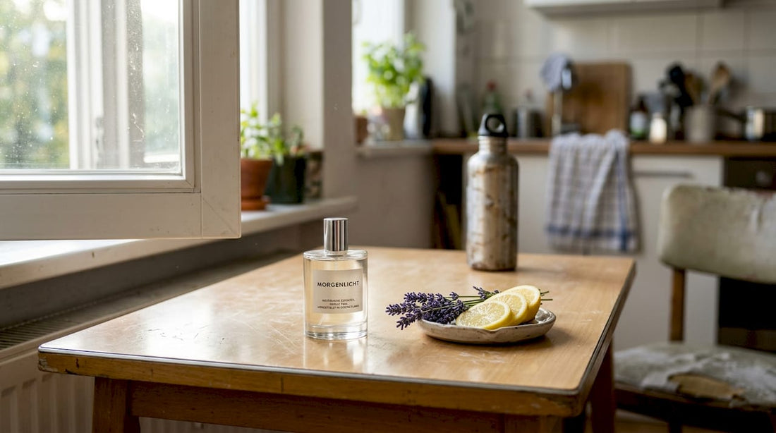 Eine Flasche veganes Parfüm auf der sonnendurchfluteten Küchenarbeitsplatte.
