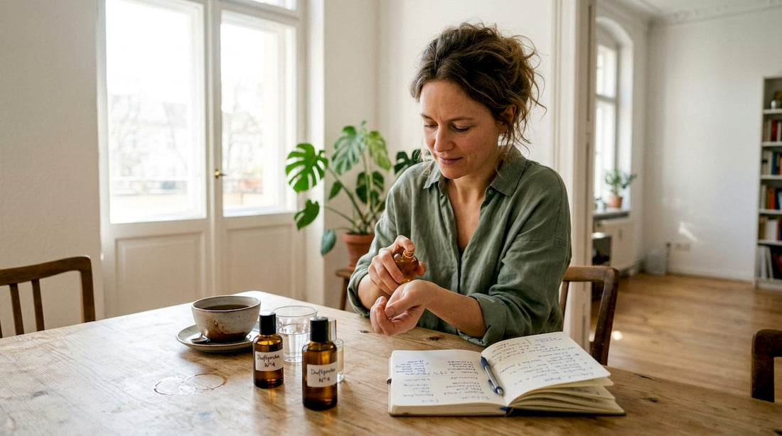 Eine Frau probiert verschiedene Parfums an ihrem Küchentisch aus und entscheidet, welcher Duft ihr am besten gefällt.